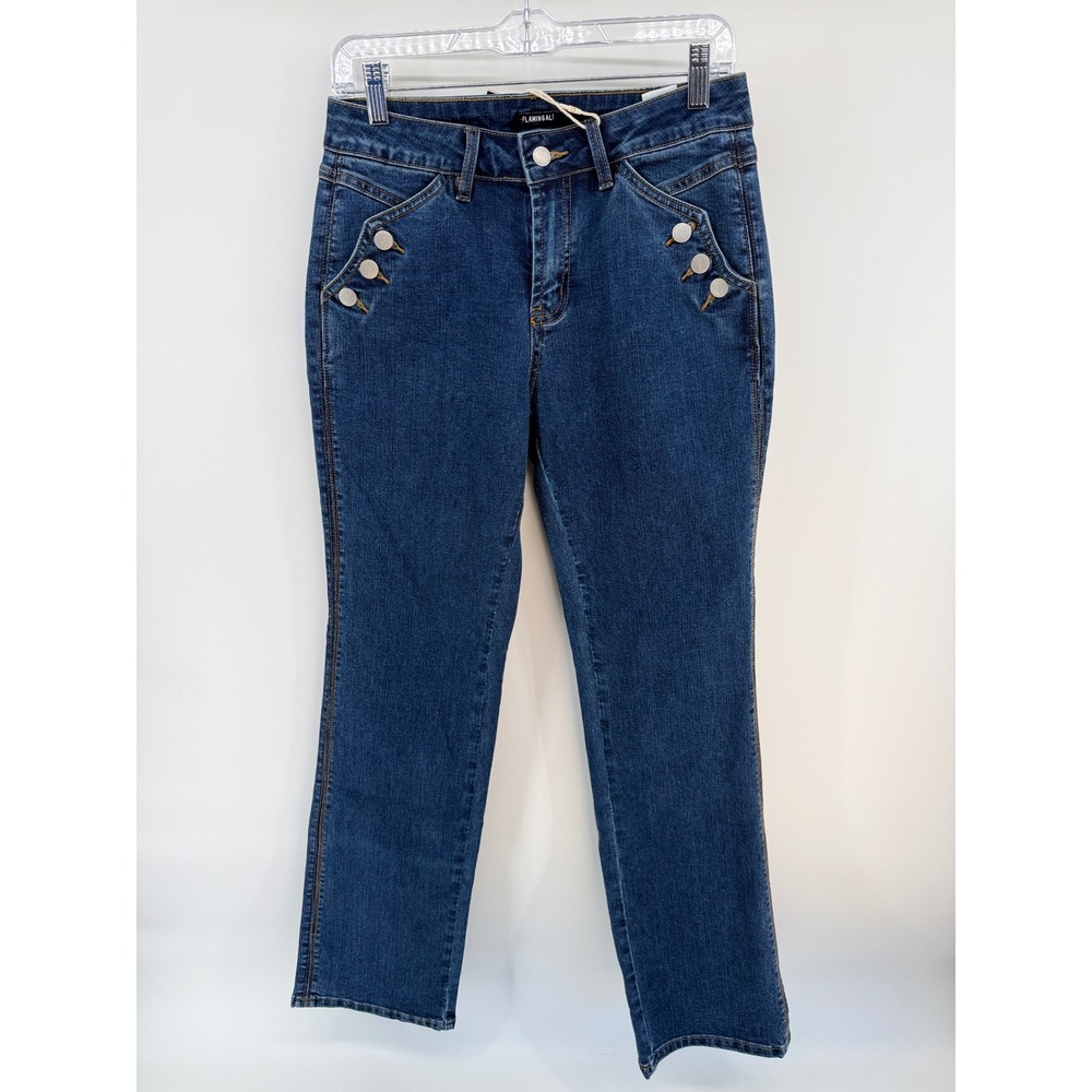 Flamingals Womens Sailor Button Straight Leg Jeans Dark Wash Blue Size M NWT